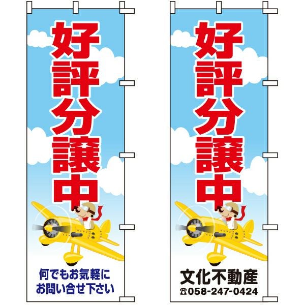 不動産用のぼり旗「好評分譲中」60cm×180cm ポリエステル製 （名入れ対応品）飛行機
