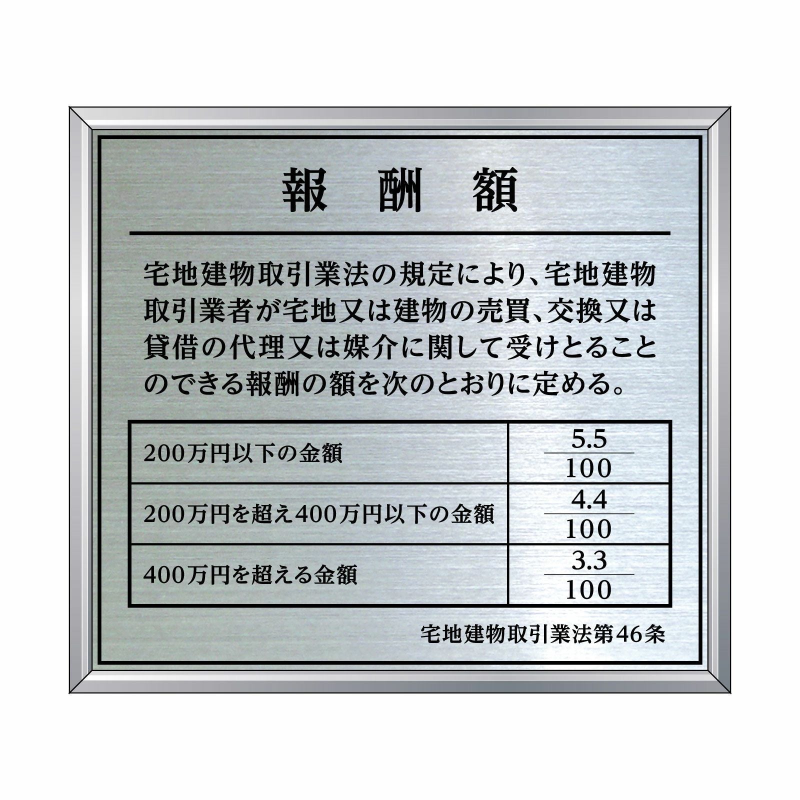 報酬額の定め標識（ステンレス製）アルミ額縁付き 全面UV印刷