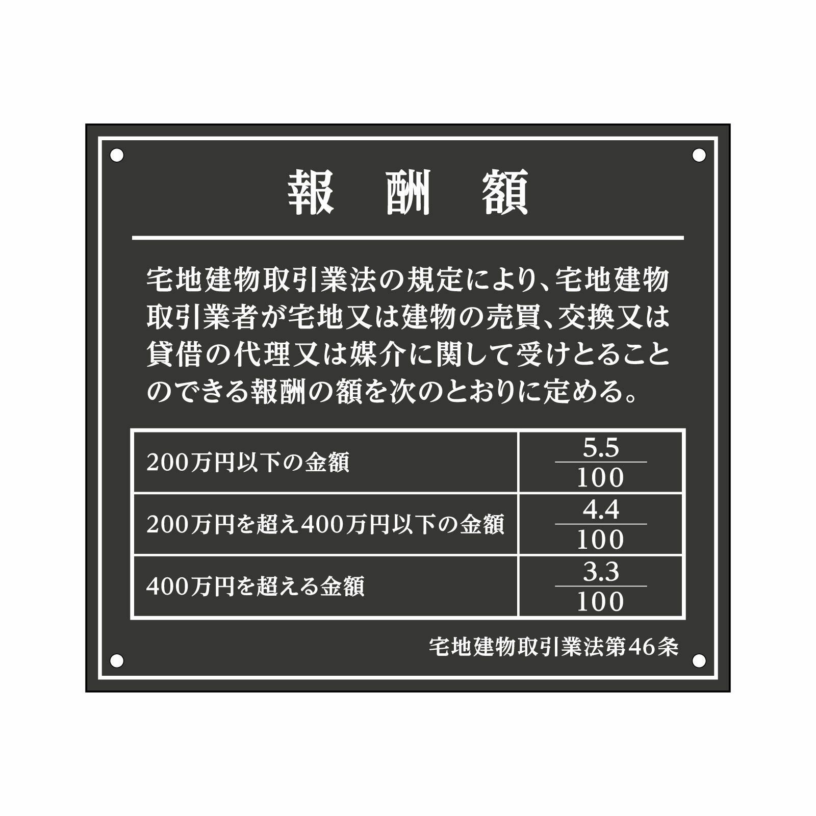 報酬額の定め標識（アクリル製・マットブラック）全面UV印刷 文字加工費無料 壁面取付けおしゃれな許可票プレート