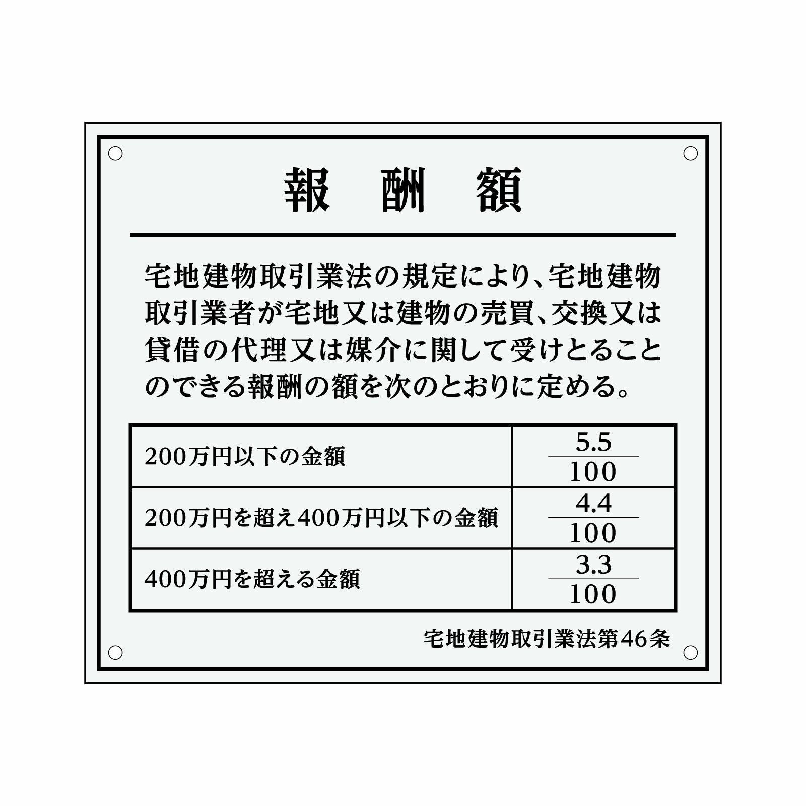 報酬額の定め標識（アクリル製・透明マット）法令規定サイズ 全面UV印刷 文字加工費無料 壁面取付けおしゃれな許可票プレート