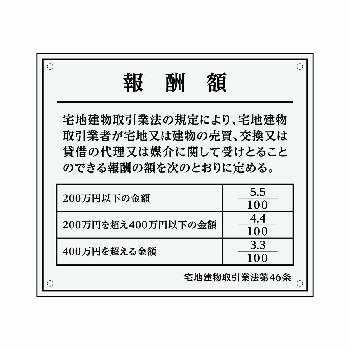 業者票 「報酬額」 許可票 プレート 室内用の掲示表示板 クリアプレート アクリル板 透明 すりガラス調裏刷り 文字入れ加工込 宅建 管理 壁面取付OK ステンレスよりも軽い 商品一覧/プレート看板・シール/法令許可票