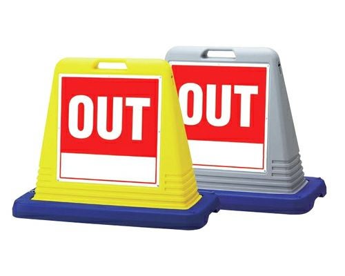 樹脂スタンド看板 サインキューブ「OUT」立て看板 駐車場 スタンド看板 標識 注水式 ウェイト付き 屋外対応 駐車場 駐輪場