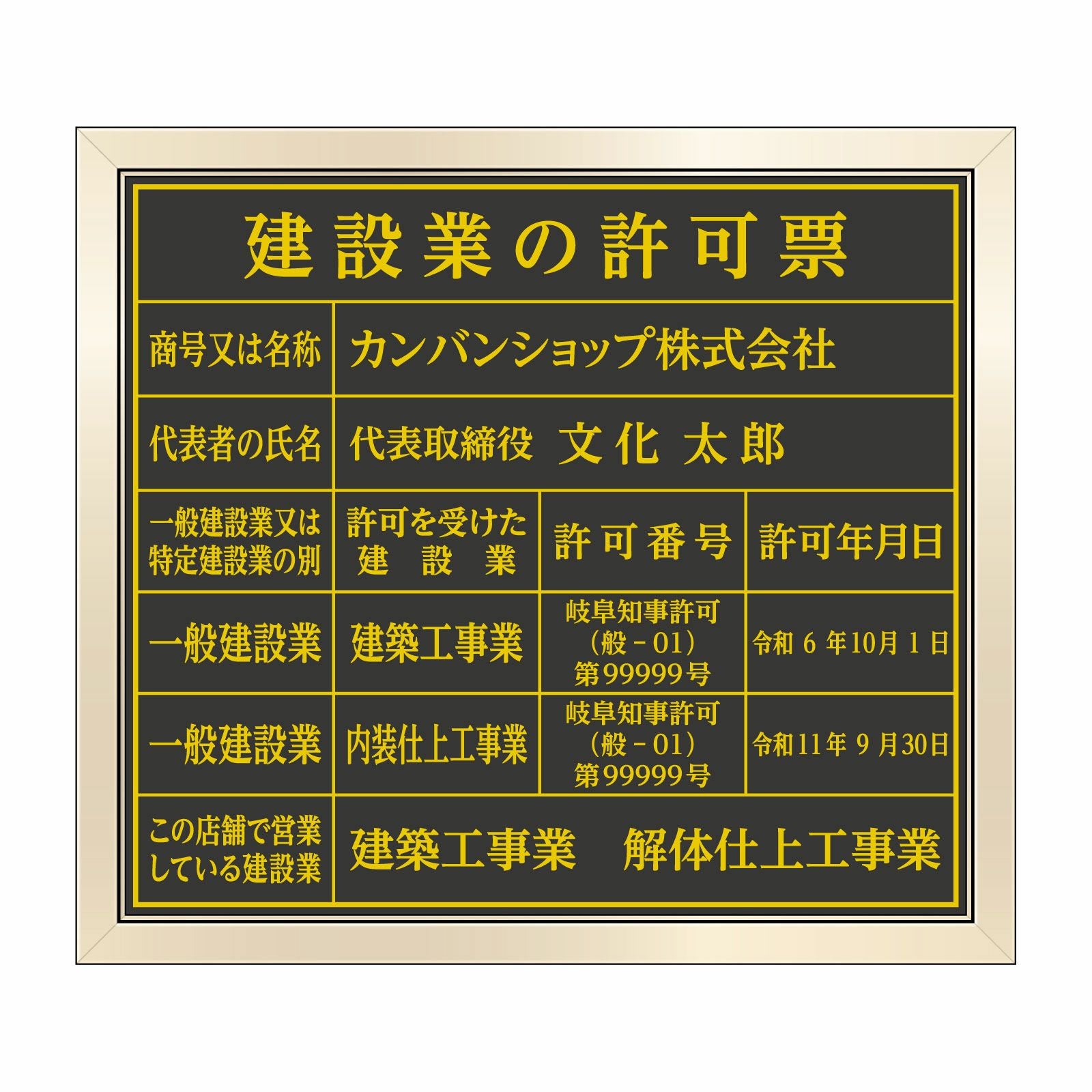 建設業の許可票（塩ビミラー製・ゴールドブラック）法令規定サイズ全面
