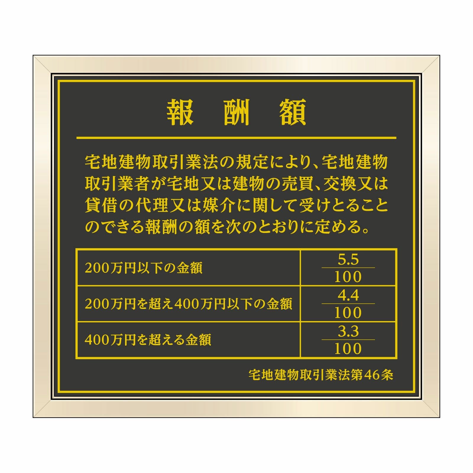 報酬額の定め標識（塩ビミラー製・ゴールドブラック）全面UV印刷 文字加工費無料 壁面取付けおしゃれな許可票プレート 金看板 ゴールド許可票