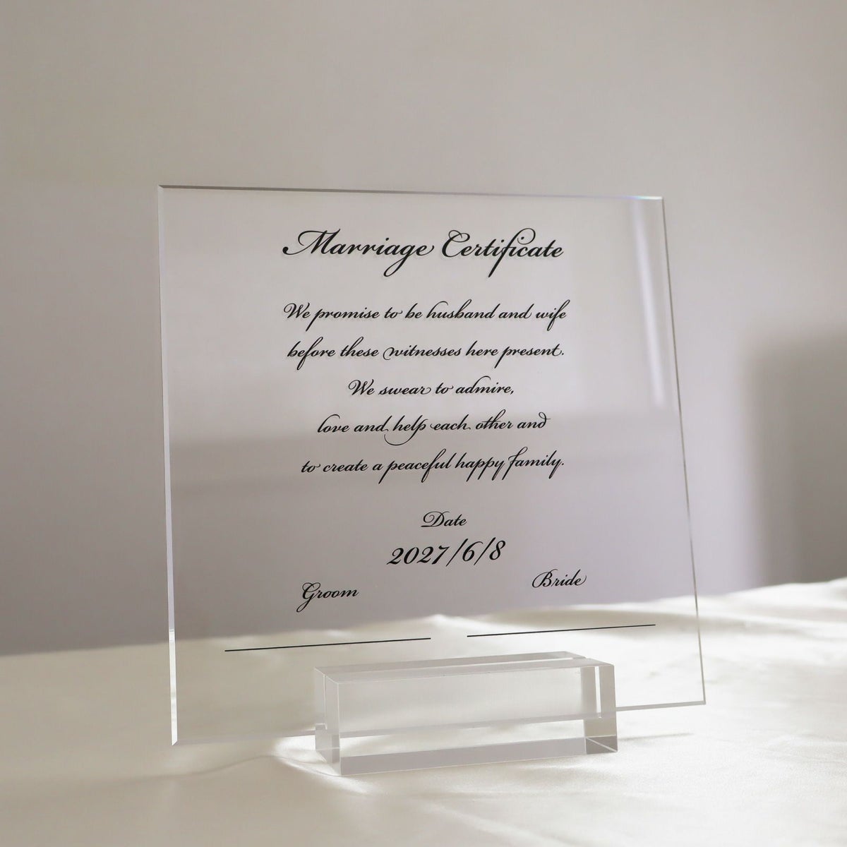  [アクリリカル] 結婚証明書 20cm×20cm A4サイズ 4mm厚 おしゃれなアクリル製 クリア 人前式 教会式