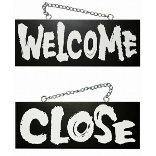 ドアプレート 木製 サイン 看板 「 WELCOME CLOSE 」 ウエルカムクローズ 両面 （ H15cm×W40cm 中サイズ 黒地 英語 手書き 筆文字風 ） メーカー直送