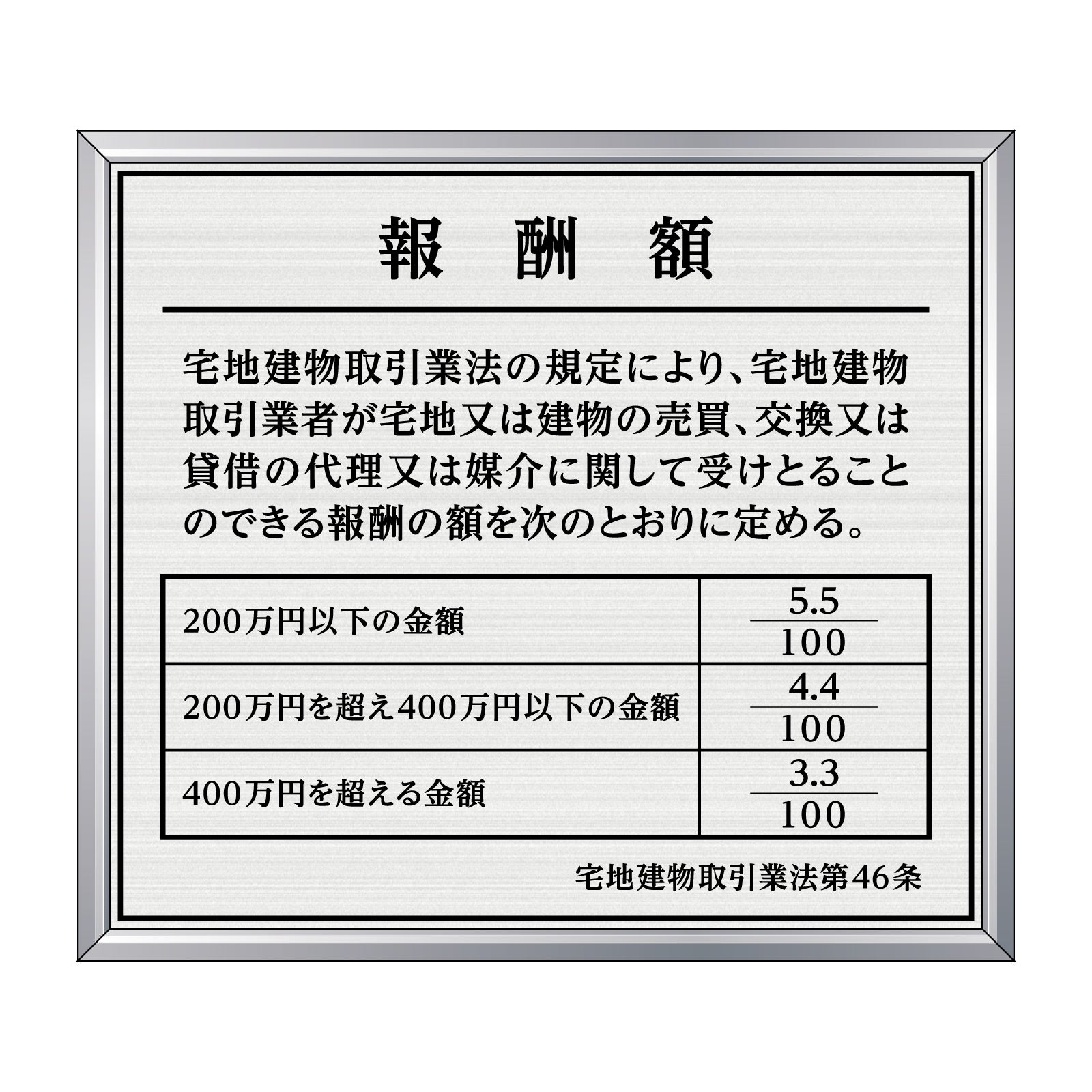 報酬額の定め標識（塩ビ製・マットシルバー）全面UV印刷 文字加工費無料 壁面取付けおしゃれな許可票プレート シルバー許可票