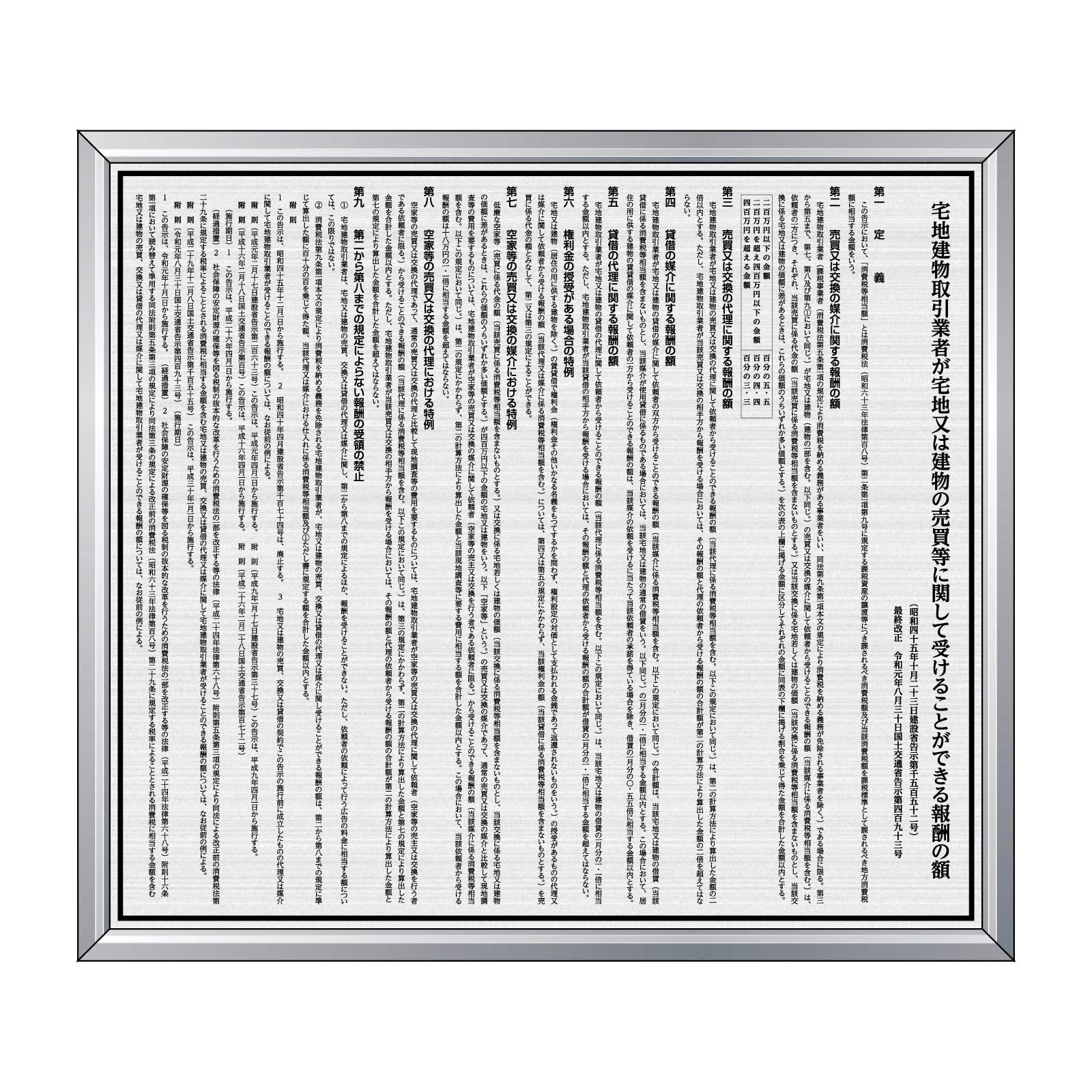 【令和6年7月1日改訂版】報酬額票[全文タイプ]（塩ビ製・マットシルバー）法令規定サイズ 全面UV印刷 文字加工費無料 壁面取付けおしゃれな許可票プレート シルバー許可票